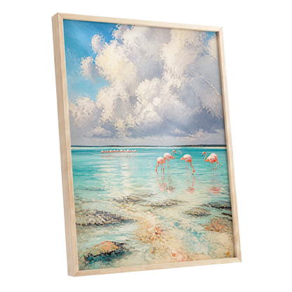 Flamingo Lagoon Skies, blue, white, pink nature wall art shown as a oak framed poster wall art print