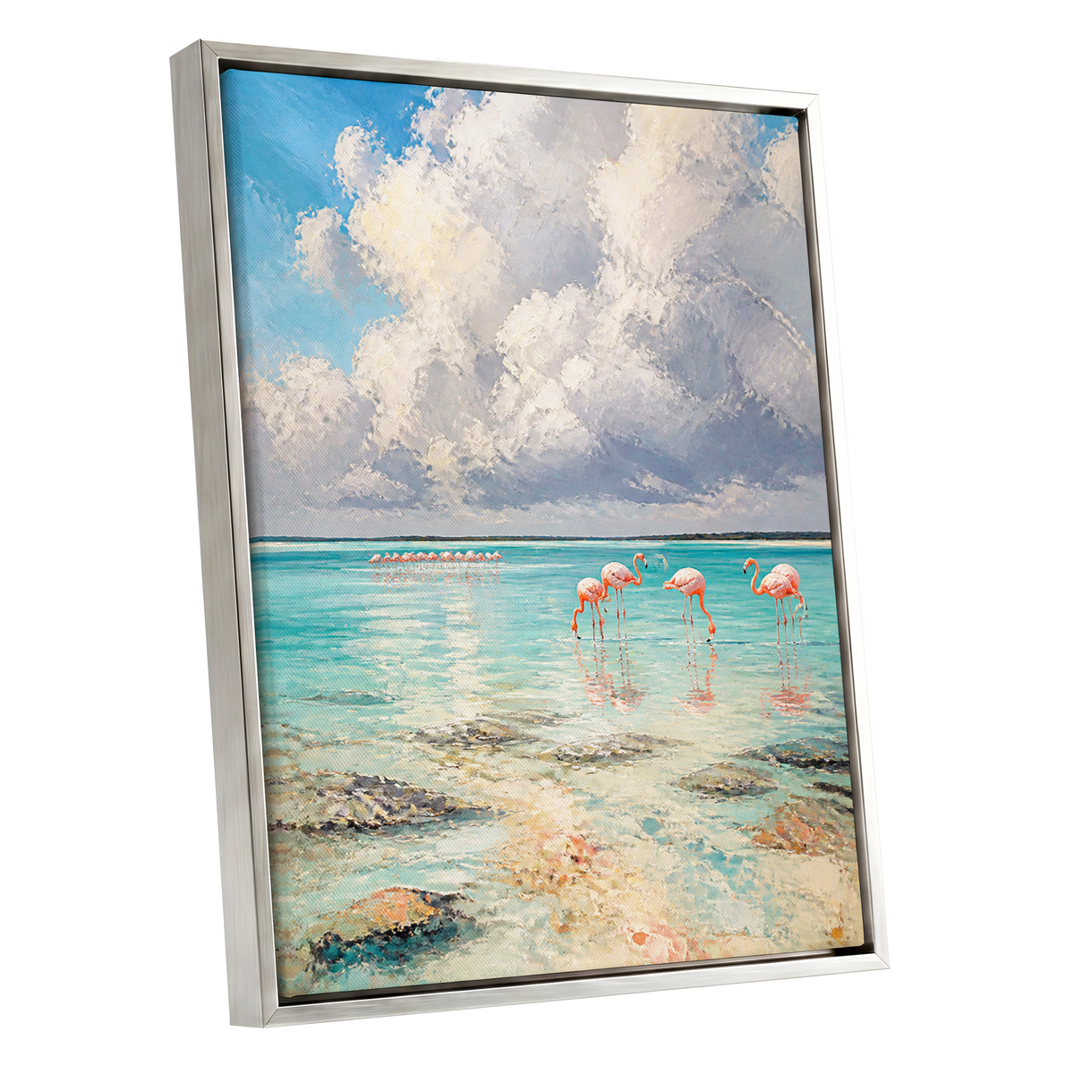 Flamingo Lagoon Skies, blue, white, pink nature wall art shown as a silver framed canvas wall art
