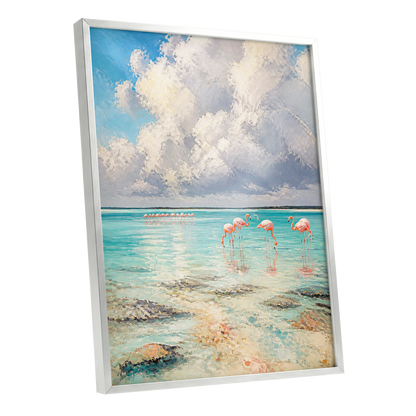 Flamingo Lagoon Skies, blue, white, pink nature wall art shown as a silver framed poster wall art print