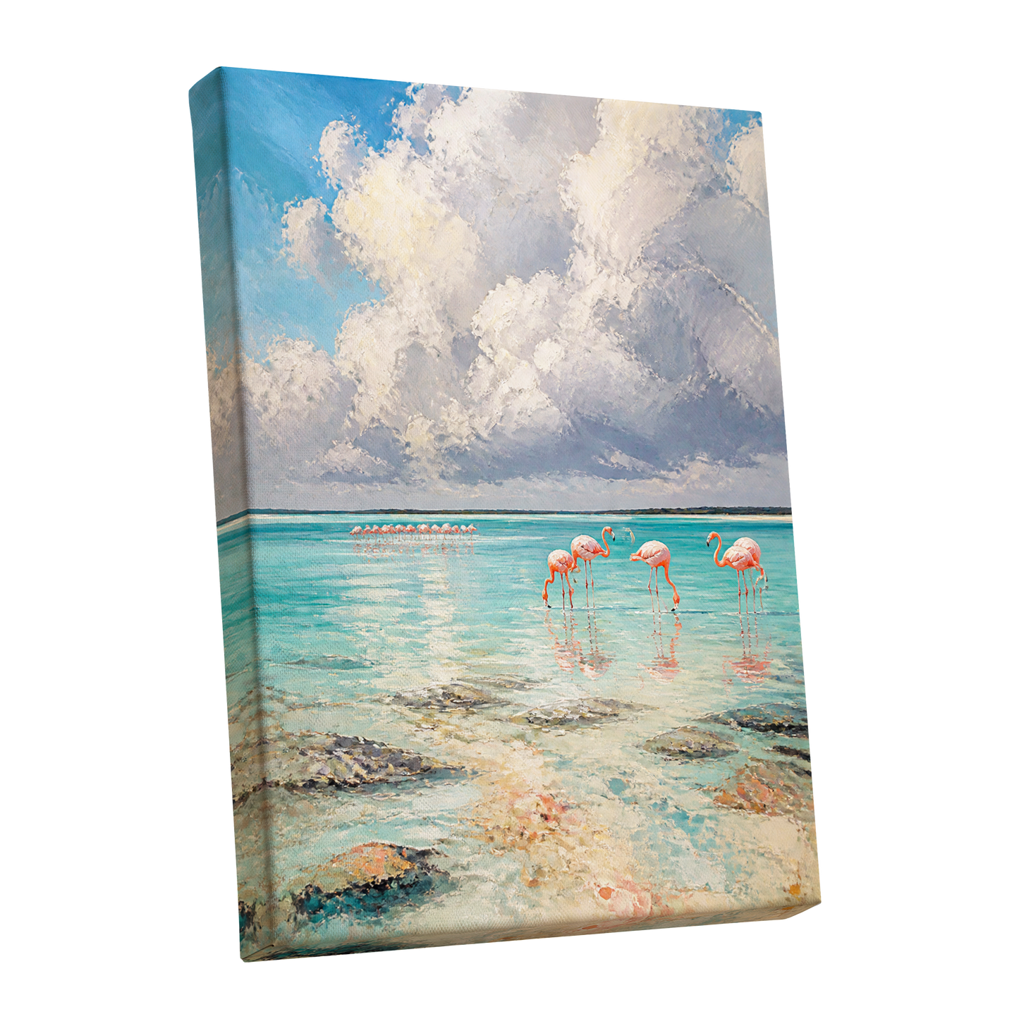 Flamingo Lagoon Skies, blue, white, pink nature wall art shown as a stretched canvas wall art
