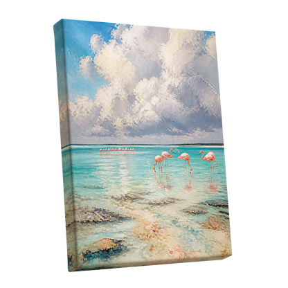 Flamingo Lagoon Skies, blue, white, pink nature wall art shown as a stretched canvas wall art