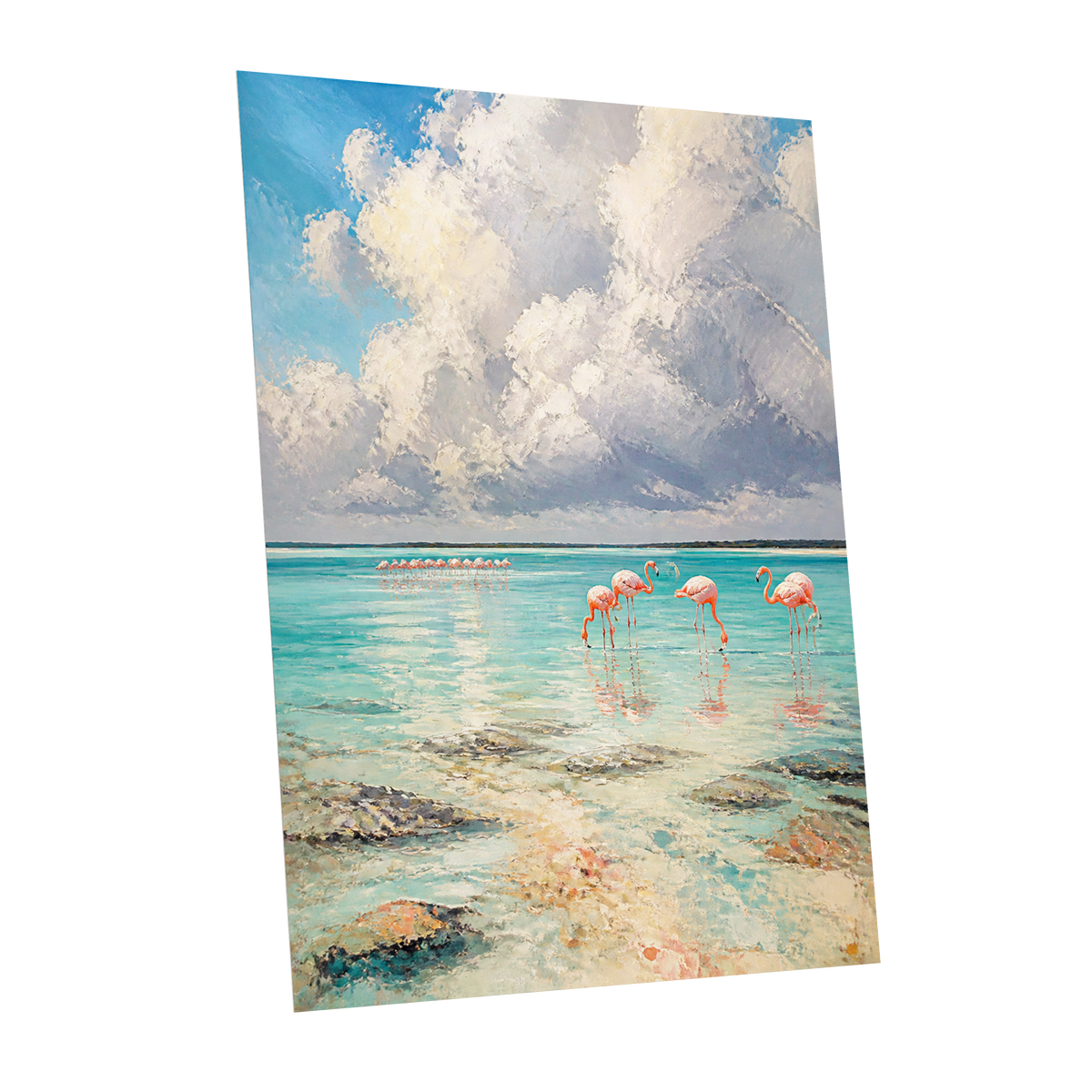 Flamingo Lagoon Skies, blue, white, pink nature wall art shown as a unframed poster wall art print