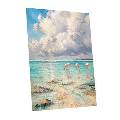 Flamingo Lagoon Skies, blue, white, pink nature wall art shown as a unframed poster wall art print