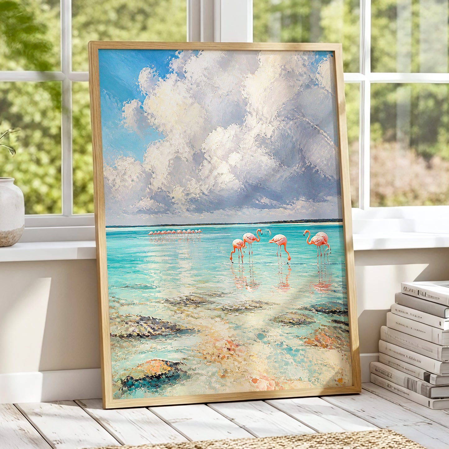 Flamingo Lagoon Skies, blue, white, pink nature wall art displayed in a styled interior, gallery view 1