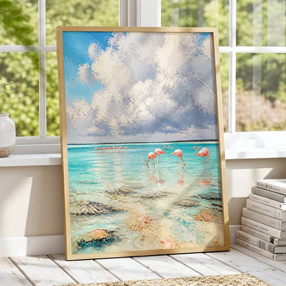Flamingo Lagoon Skies, blue, white, pink nature wall art displayed in a styled interior, gallery view 1