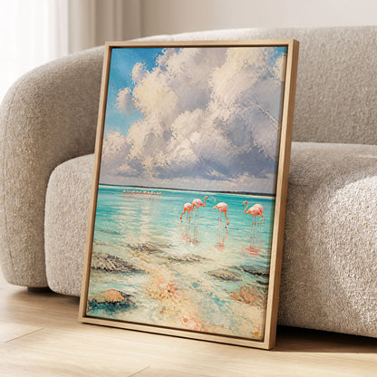 Flamingo Lagoon Skies, blue, white, pink nature wall art displayed in a styled interior, gallery view 2