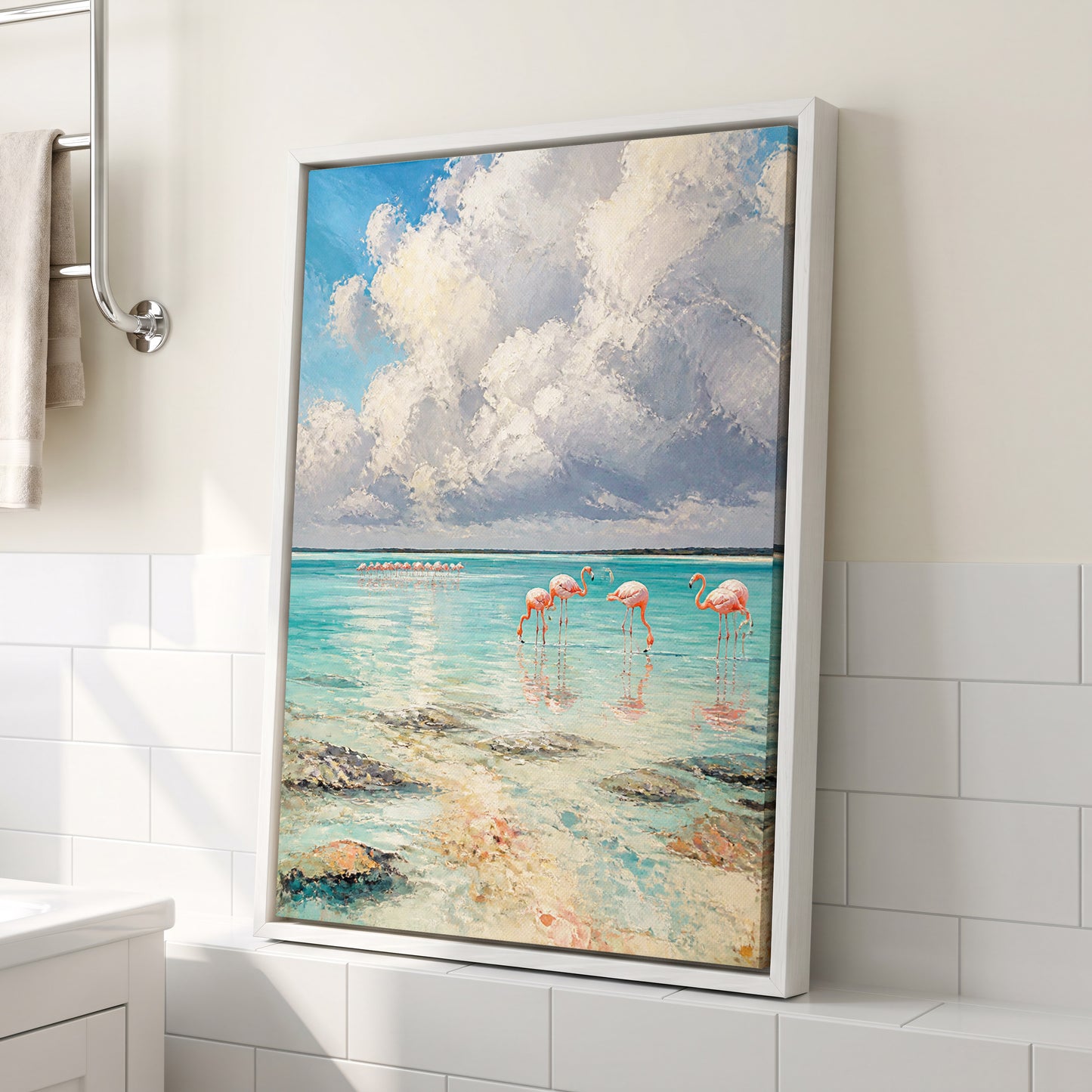 Flamingo Lagoon Skies, blue, white, pink nature wall art displayed in a styled interior, gallery view 3