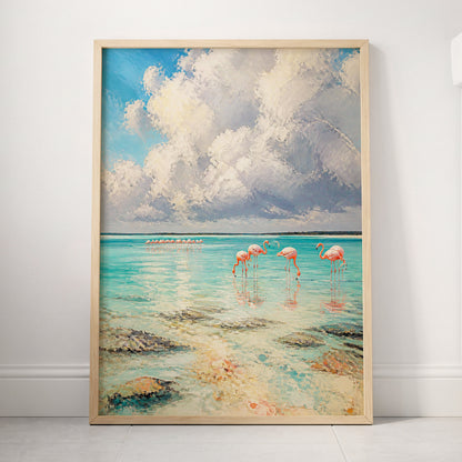Flamingo Lagoon Skies, blue, white, pink nature wall art displayed in a styled interior, gallery view 4