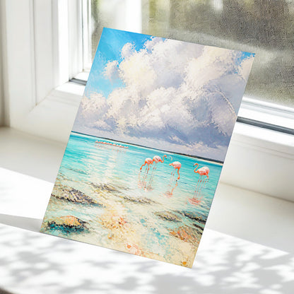 Flamingo Lagoon Skies, blue, white, pink nature wall art displayed in a styled interior, gallery view 5