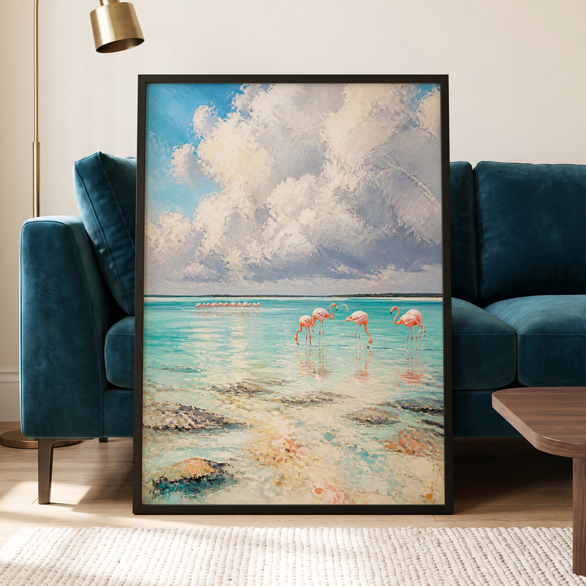 Flamingo Lagoon Skies, blue, white, pink nature wall art displayed in a styled interior, gallery view 6