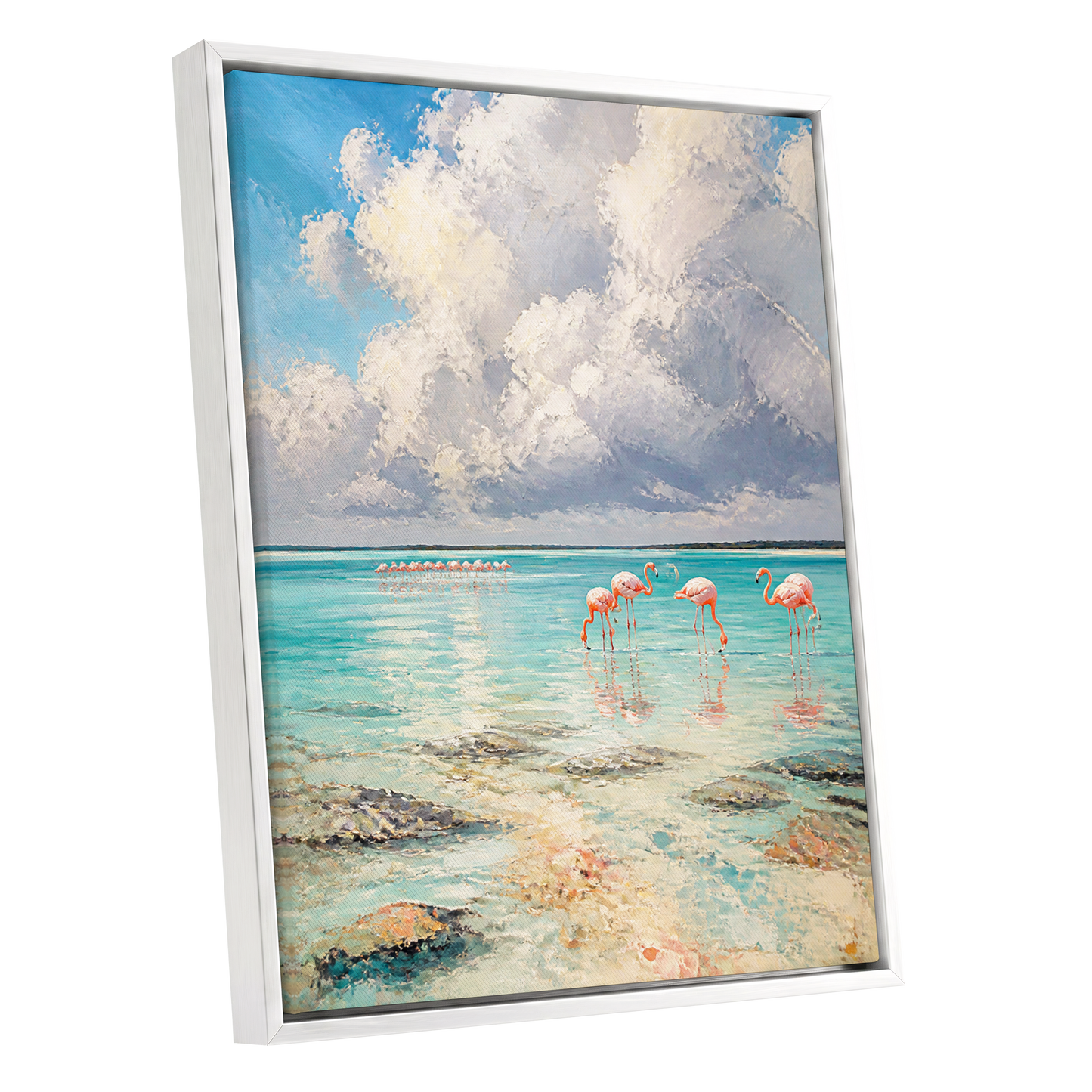 Flamingo Lagoon Skies, blue, white, pink nature wall art shown as a white framed canvas wall art