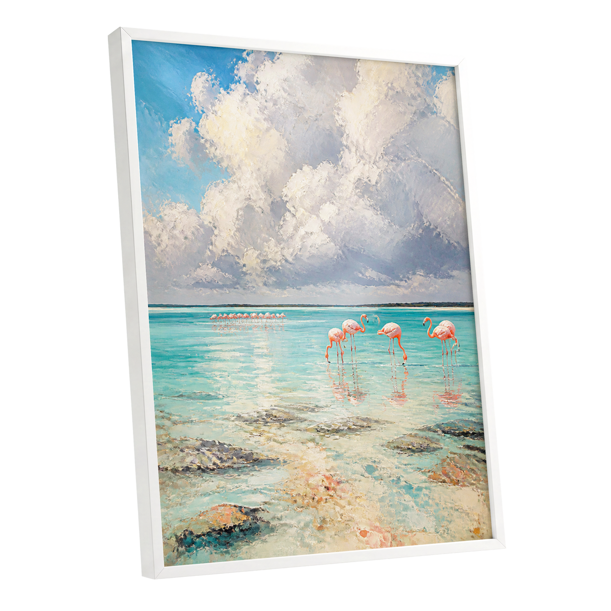 Flamingo Lagoon Skies, blue, white, pink nature wall art shown as a white framed poster wall art print