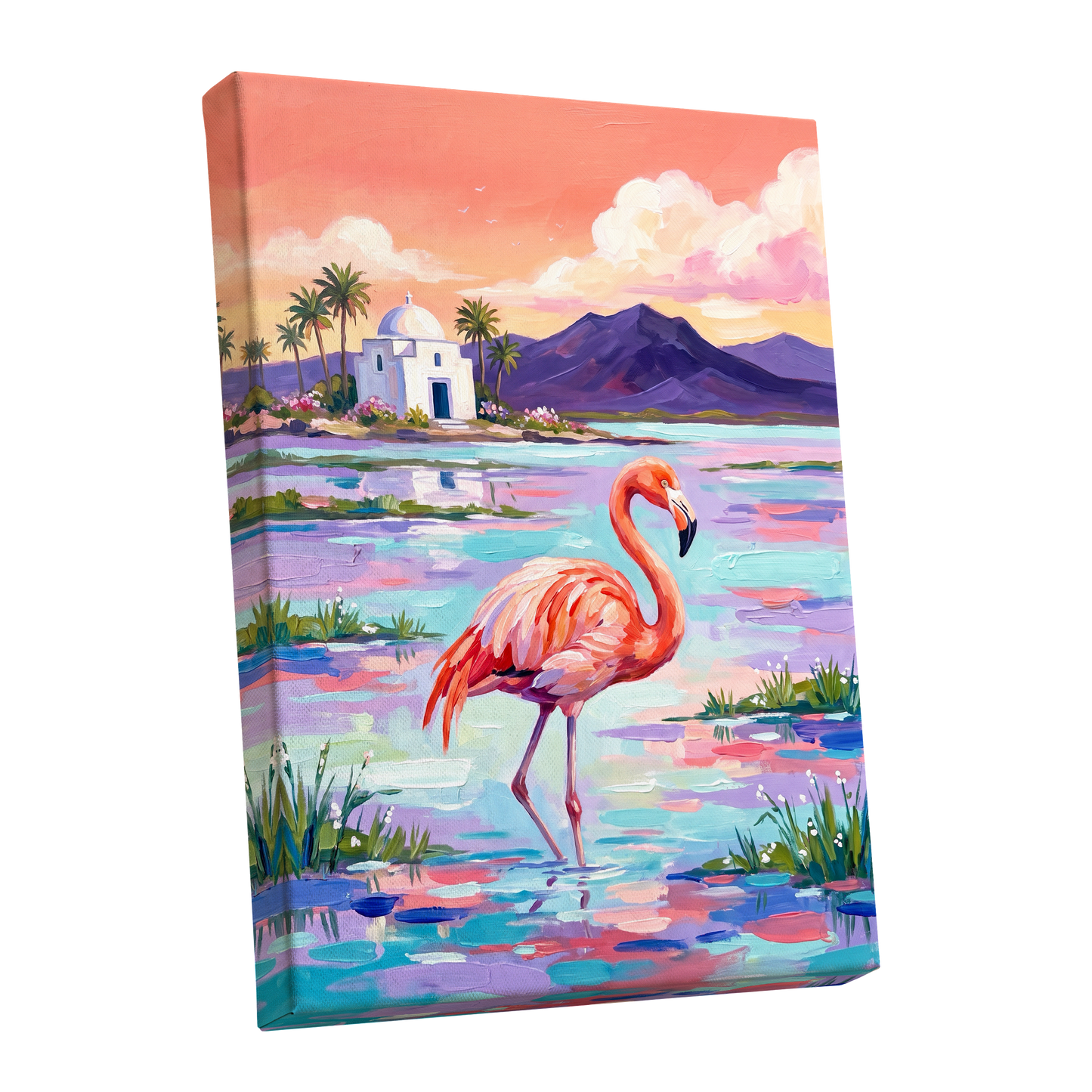 Flamingo Lagoon, pink, blue, purple nature wall art shown as a stretched canvas wall art