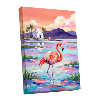 Flamingo Lagoon, pink, blue, purple nature wall art shown as a stretched canvas wall art