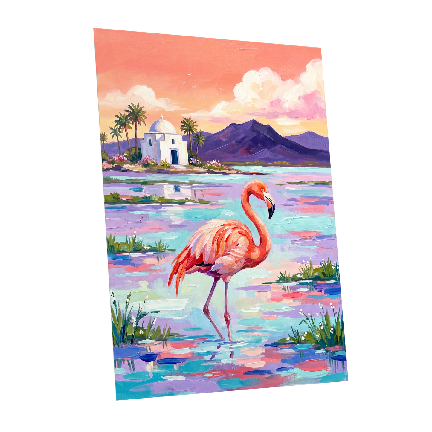 Flamingo Lagoon, pink, blue, purple nature wall art shown as a unframed poster wall art print