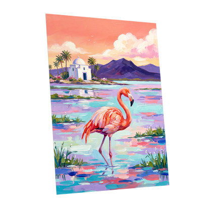 Flamingo Lagoon, pink, blue, purple nature wall art shown as a unframed poster wall art print