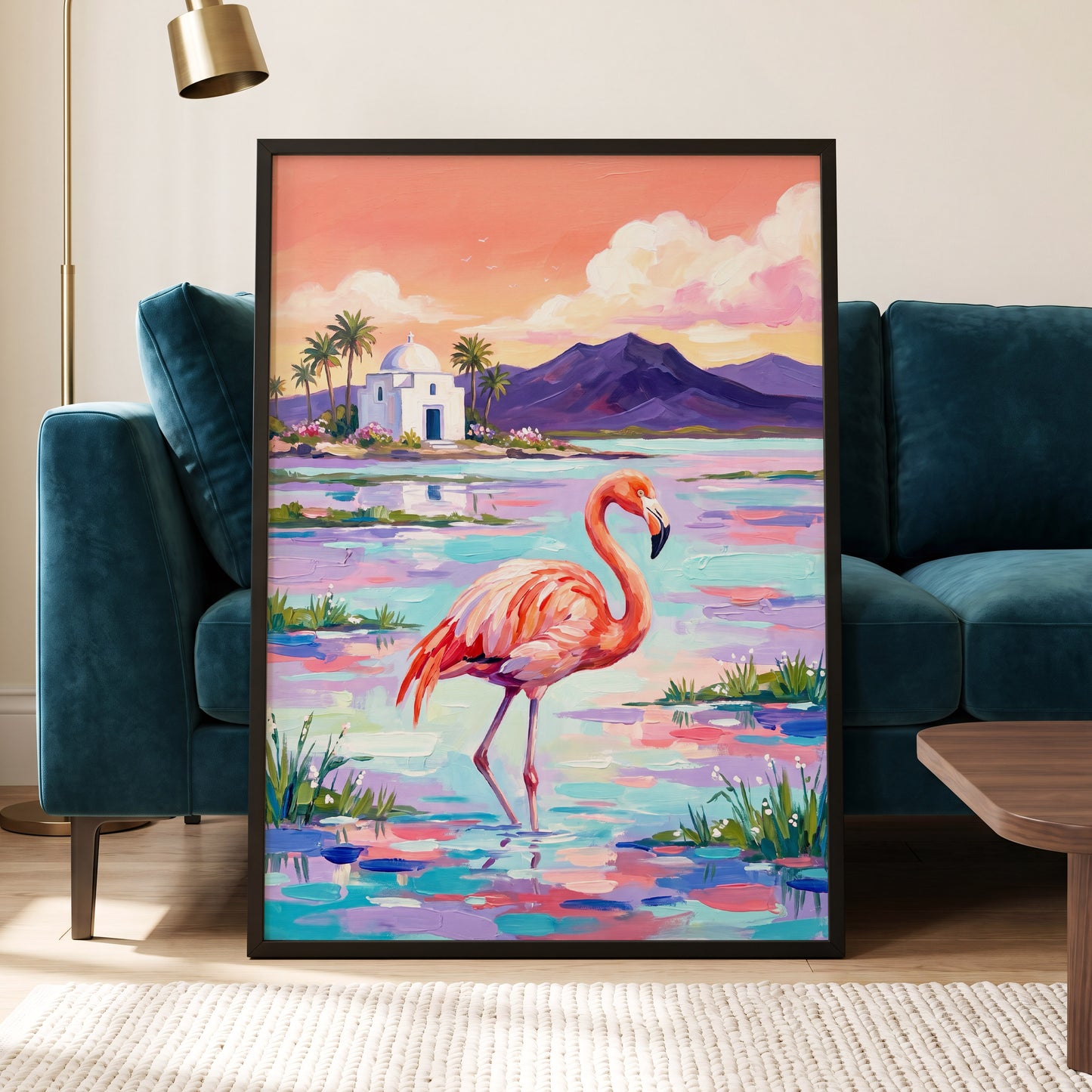 Flamingo Lagoon, pink, blue, purple nature wall art displayed in a styled interior, gallery view 2