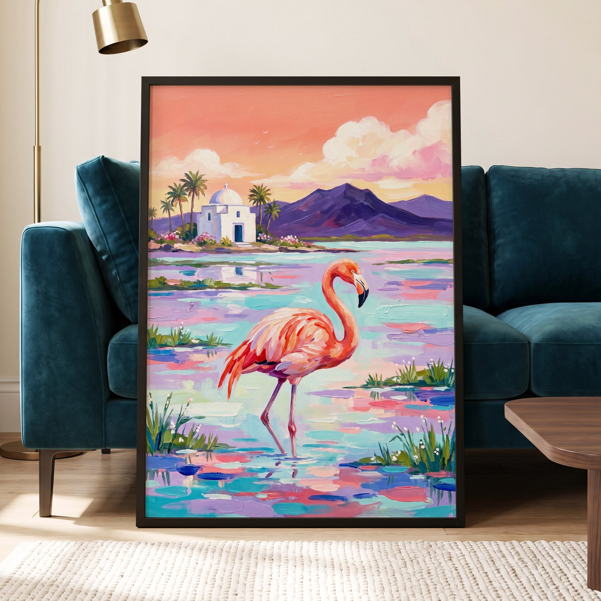 Flamingo Lagoon, pink, blue, purple nature wall art displayed in a styled interior, gallery view 2