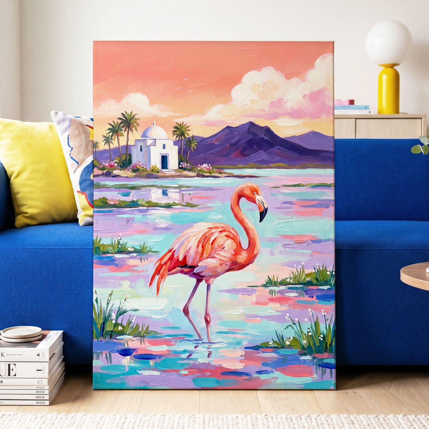 Flamingo Lagoon, pink, blue, purple nature wall art displayed in a styled interior, gallery view 3