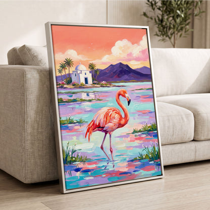 Flamingo Lagoon, pink, blue, purple nature wall art displayed in a styled interior, gallery view 4