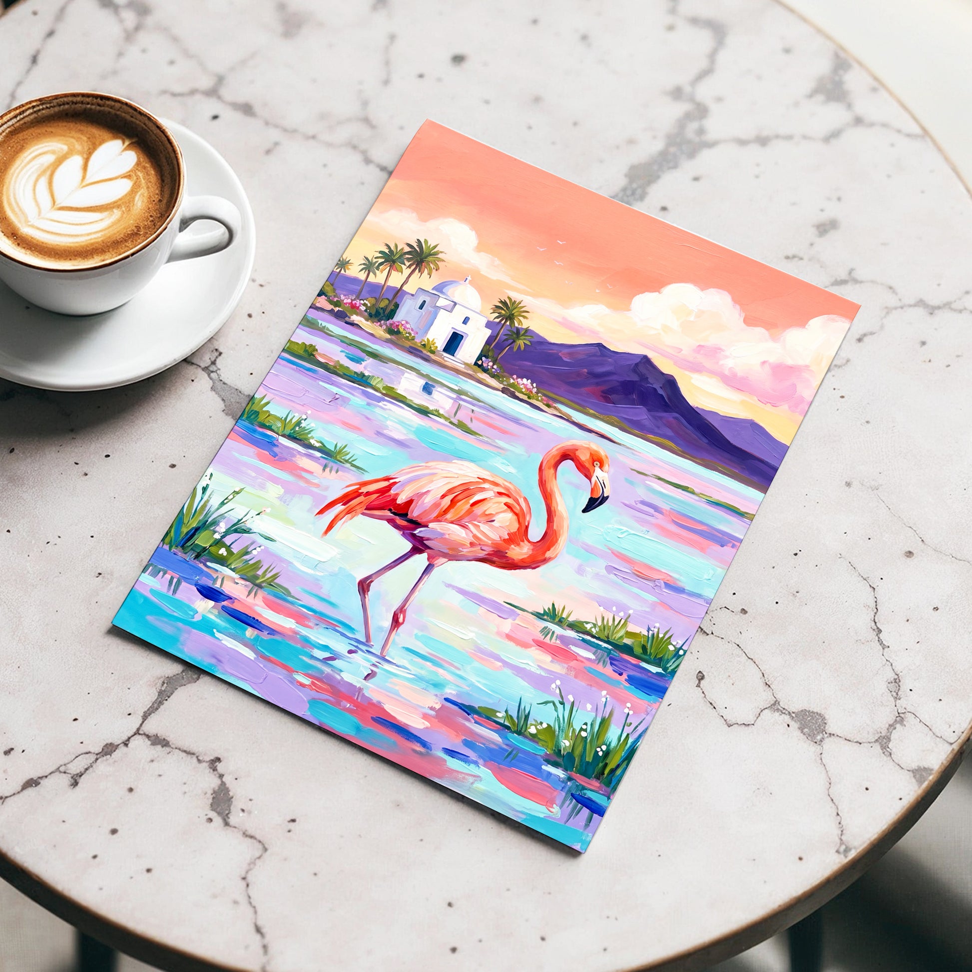 Flamingo Lagoon, pink, blue, purple nature wall art displayed in a styled interior, gallery view 5