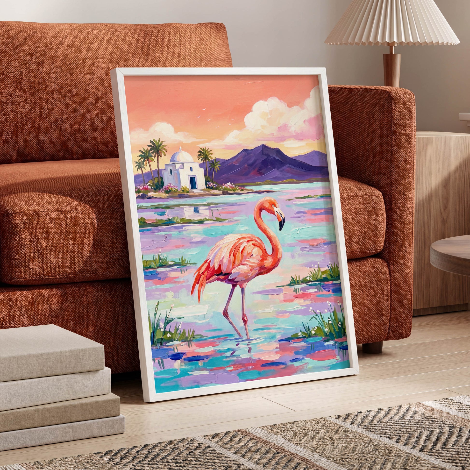 Flamingo Lagoon, pink, blue, purple nature wall art displayed in a styled interior, gallery view 6