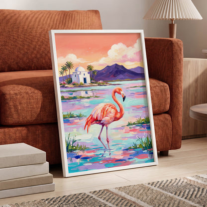 Flamingo Lagoon, pink, blue, purple nature wall art displayed in a styled interior, gallery view 6