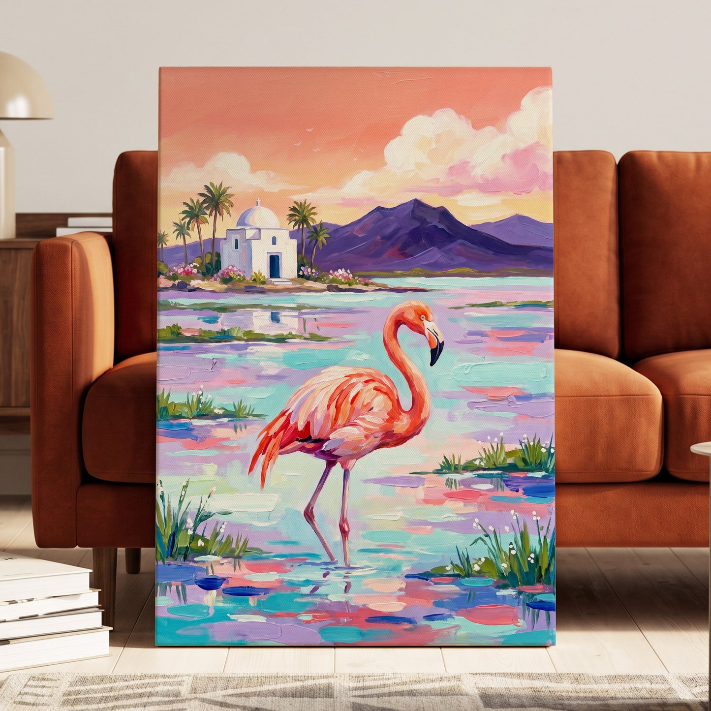 Flamingo Lagoon, pink, blue, purple nature wall art displayed in a styled interior, gallery view 7