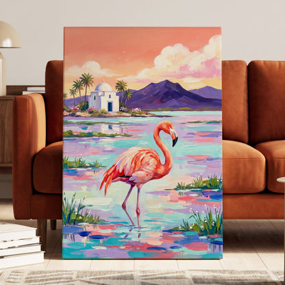 Flamingo Lagoon, pink, blue, purple nature wall art displayed in a styled interior, gallery view 7