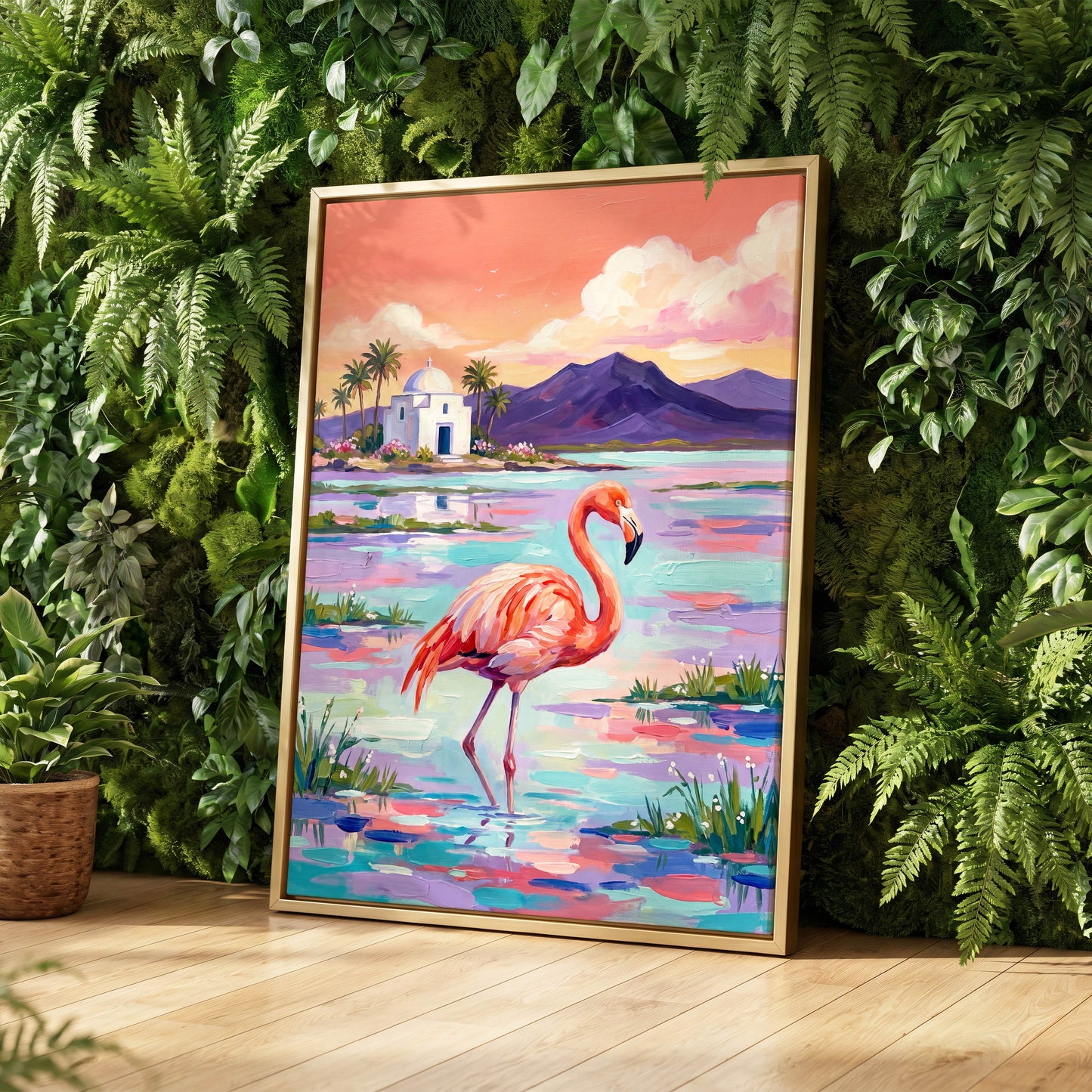 Flamingo Lagoon, pink, blue, purple nature wall art displayed in a styled interior, gallery view 8