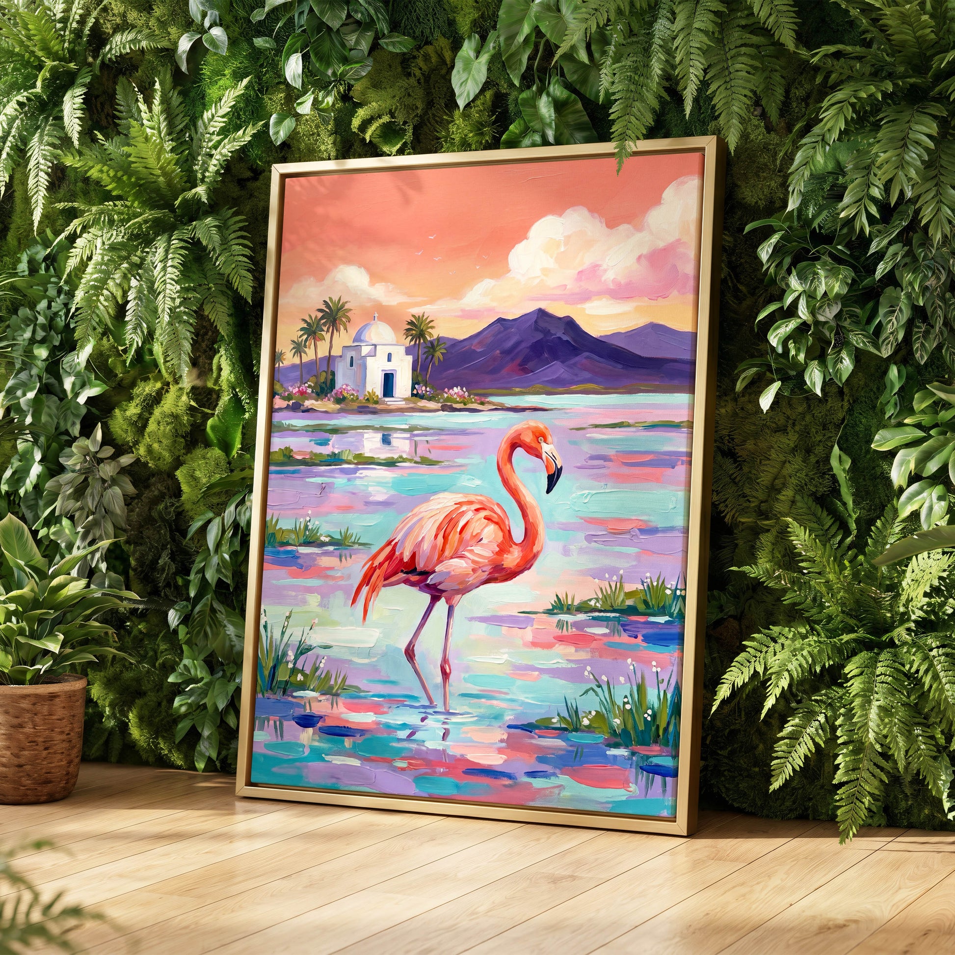 Flamingo Lagoon, pink, blue, purple nature wall art displayed in a styled interior, gallery view 8