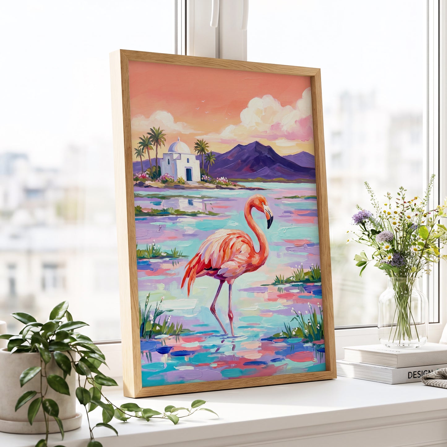 Flamingo Lagoon, pink, blue, purple nature wall art displayed in a styled interior, gallery view 9
