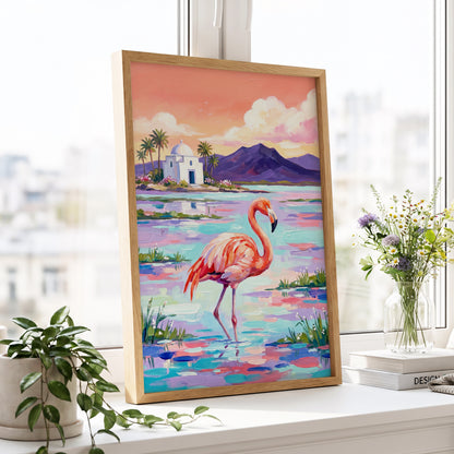 Flamingo Lagoon, pink, blue, purple nature wall art displayed in a styled interior, gallery view 9