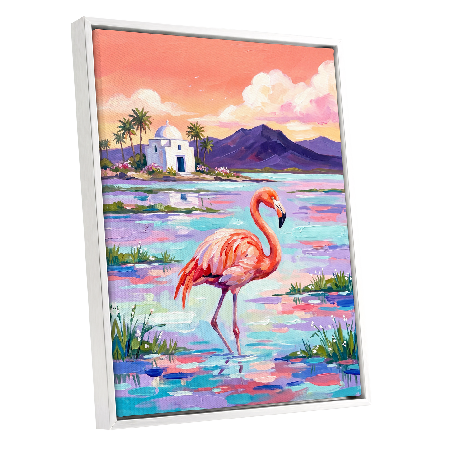 Flamingo Lagoon, pink, blue, purple nature wall art shown as a white framed canvas wall art