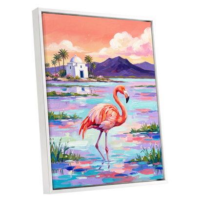 Flamingo Lagoon, pink, blue, purple nature wall art shown as a white framed canvas wall art