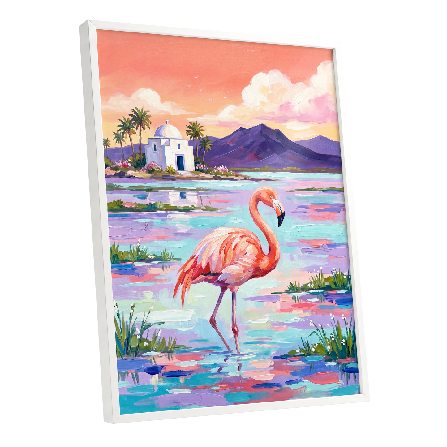 Flamingo Lagoon, pink, blue, purple nature wall art shown as a white framed poster wall art print