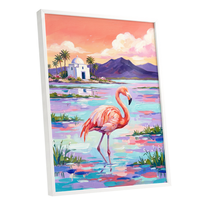 Flamingo Lagoon, pink, blue, purple nature wall art shown as a white framed poster wall art print