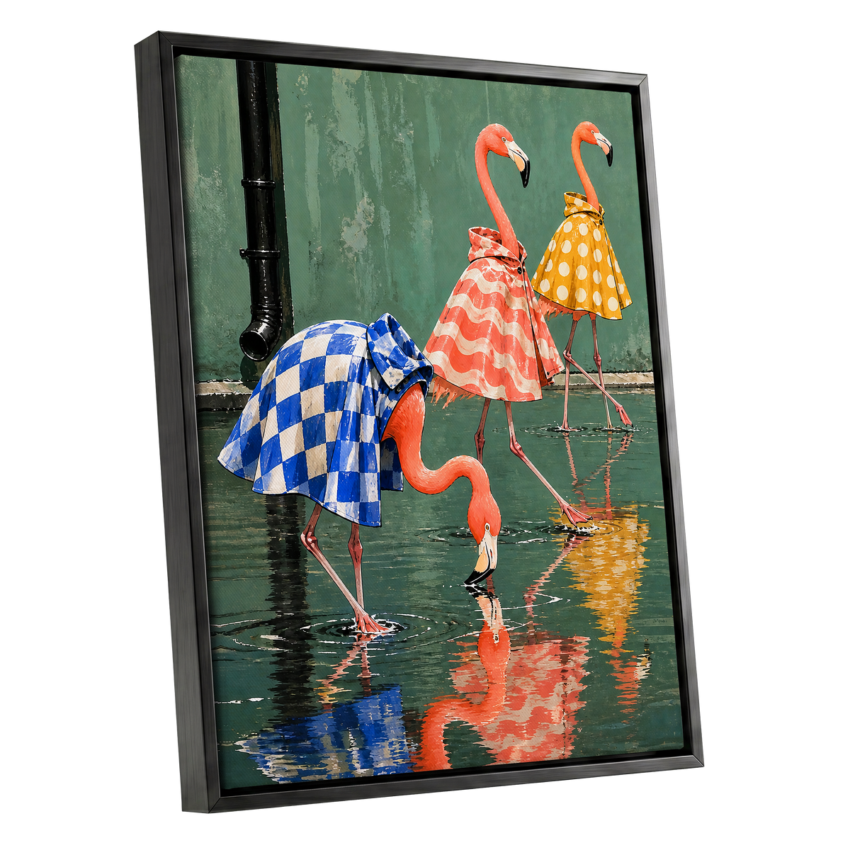 Flamingo Raincoat Parade, green, pink, blue nature wall art shown as a black framed canvas wall art