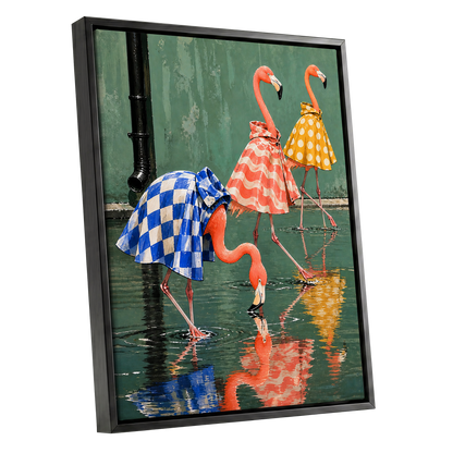 Flamingo Raincoat Parade, green, pink, blue nature wall art shown as a black framed canvas wall art