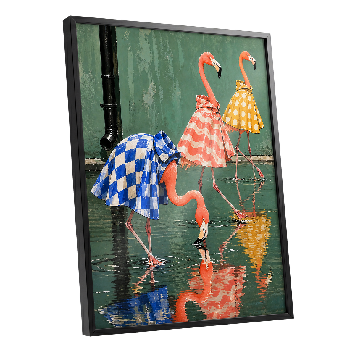 Flamingo Raincoat Parade, green, pink, blue nature wall art shown as a black framed poster wall art print