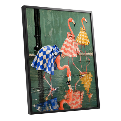 Flamingo Raincoat Parade, green, pink, blue nature wall art shown as a black framed poster wall art print