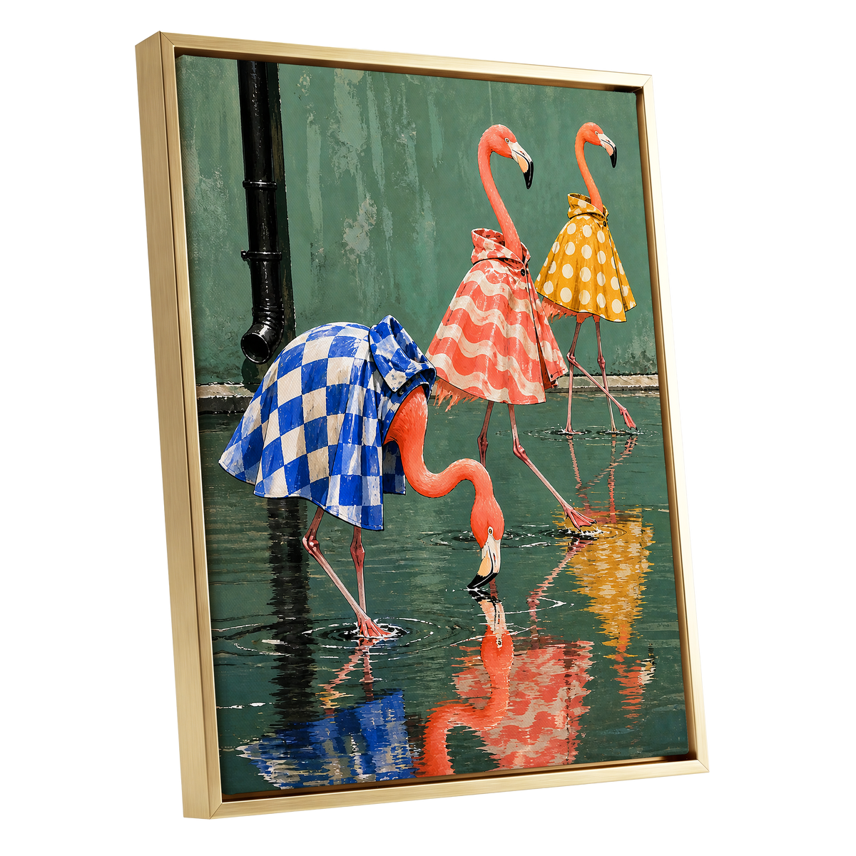 Flamingo Raincoat Parade, green, pink, blue nature wall art shown as a gold framed canvas wall art
