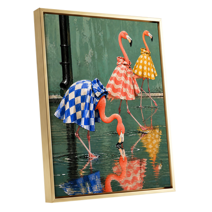 Flamingo Raincoat Parade, green, pink, blue nature wall art shown as a gold framed canvas wall art