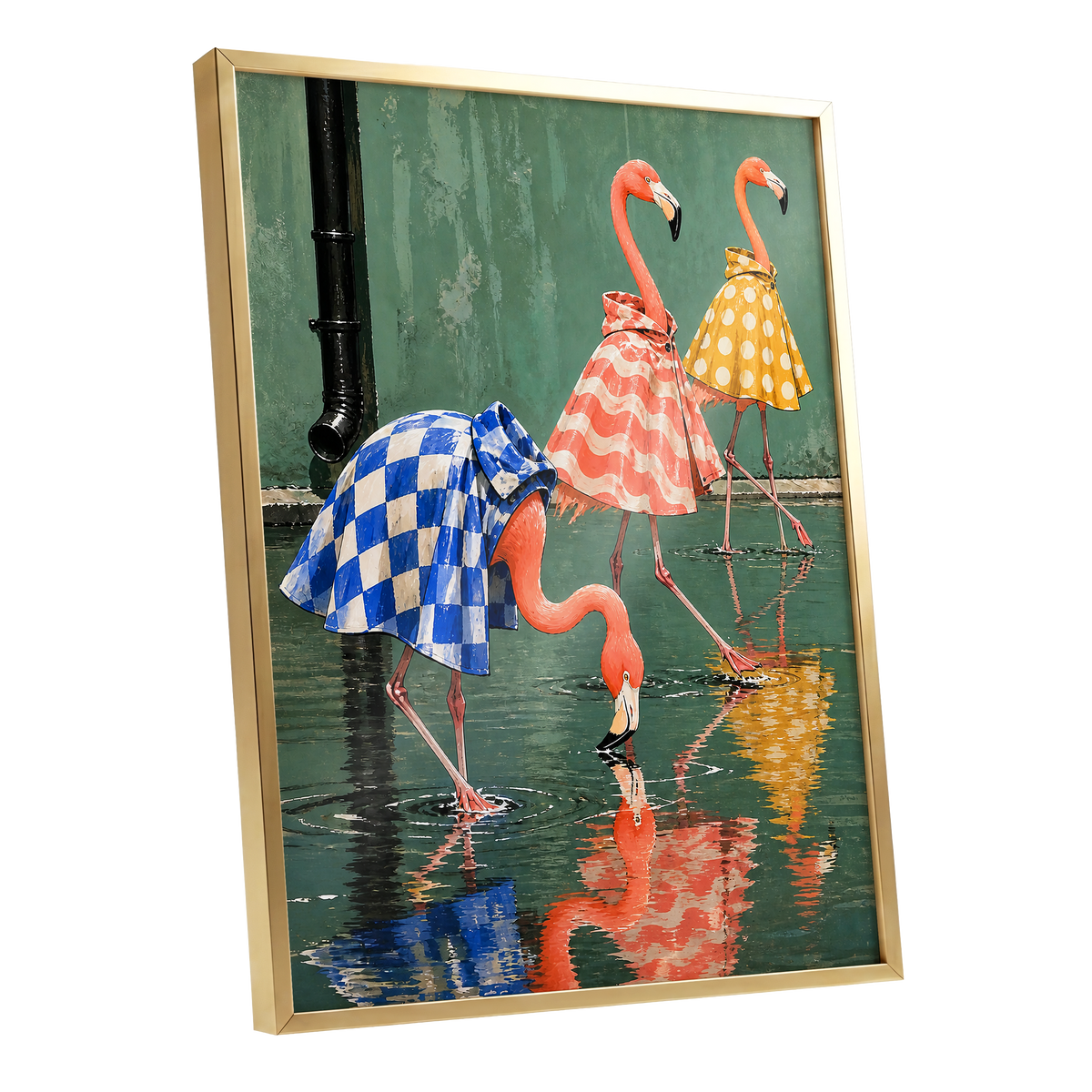 Flamingo Raincoat Parade, green, pink, blue nature wall art shown as a gold framed poster wall art print
