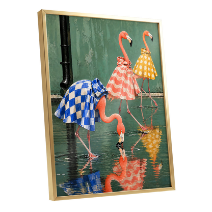 Flamingo Raincoat Parade, green, pink, blue nature wall art shown as a gold framed poster wall art print