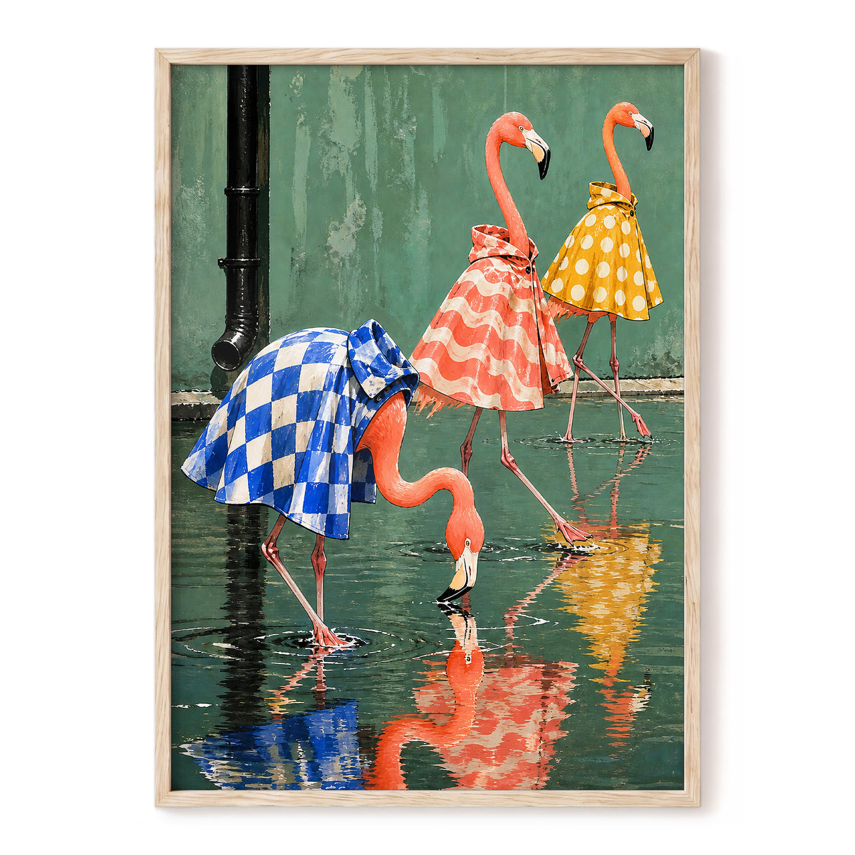Flamingo Raincoat Parade, green, pink, blue nature wall art, front artwork view