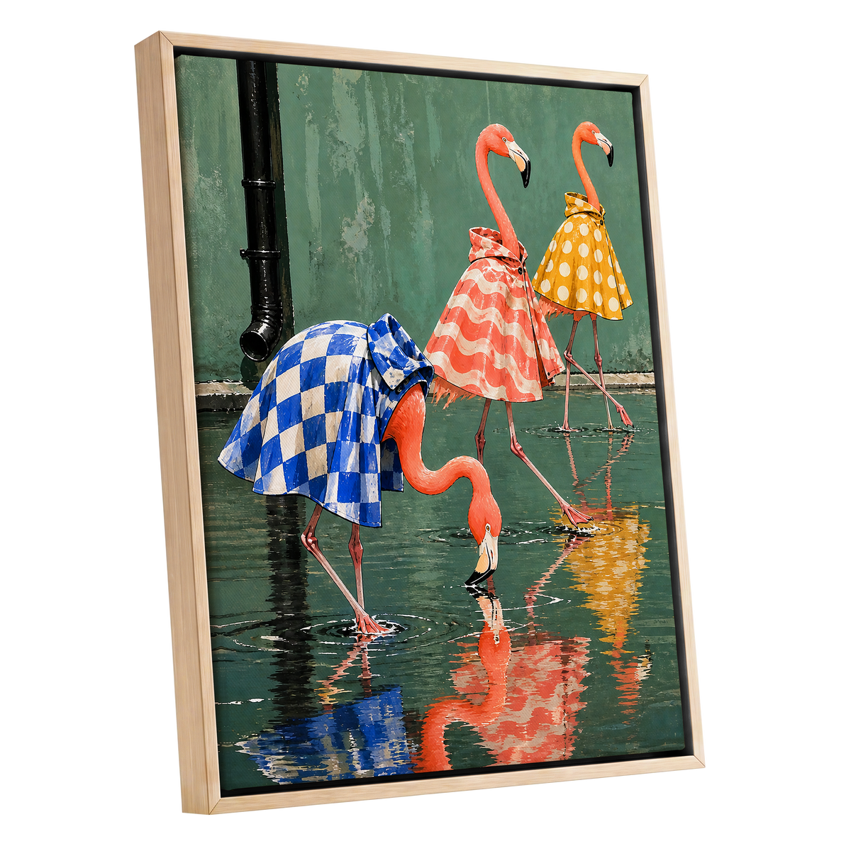 Flamingo Raincoat Parade, green, pink, blue nature wall art shown as a oak framed canvas wall art