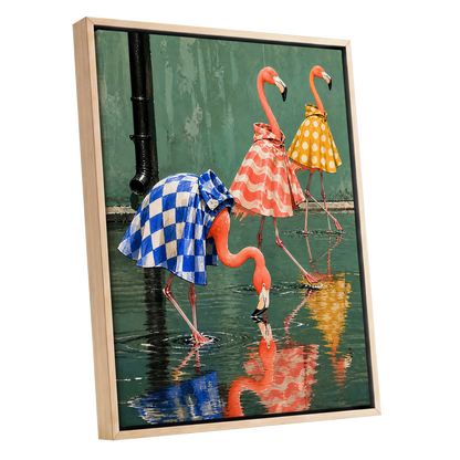 Flamingo Raincoat Parade, green, pink, blue nature wall art shown as a oak framed canvas wall art