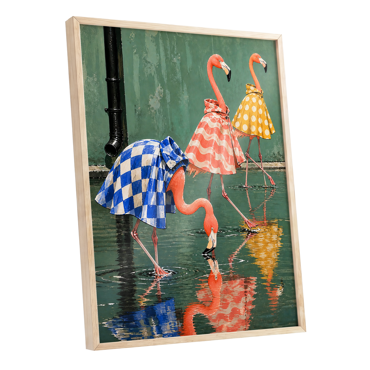 Flamingo Raincoat Parade, green, pink, blue nature wall art shown as a oak framed poster wall art print