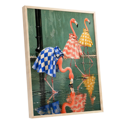 Flamingo Raincoat Parade, green, pink, blue nature wall art shown as a oak framed poster wall art print